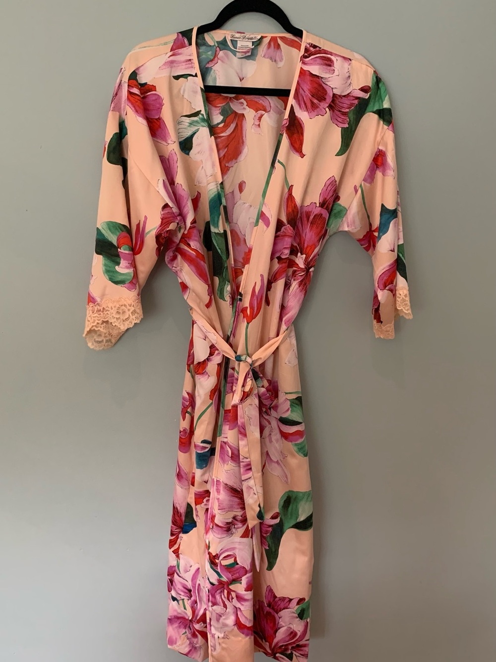 Linea Donatella Pink Floral Satin Robe with Lace Trim